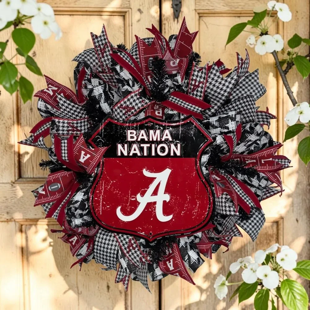 Bama Nation Alabama Front Door Wreath | Roll Tide Decor | Crimson Houndstooth
